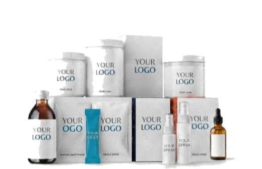 Unbranded white label and private label supplement packaging — jars, sachets, bottles, oral sprays and dropper bottles ready for your own brand