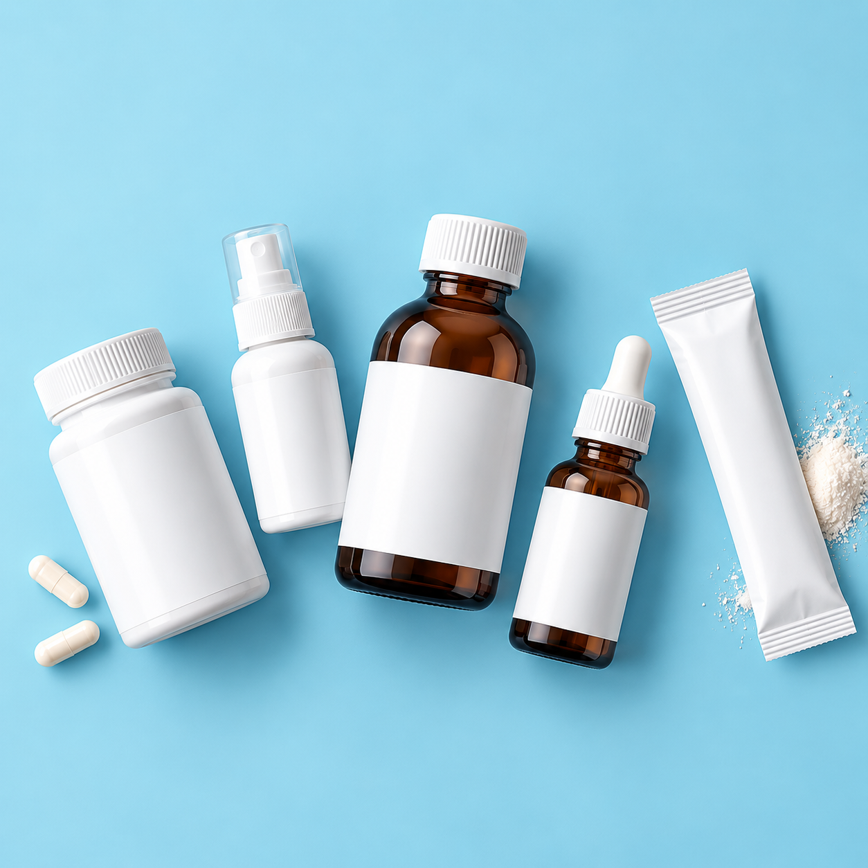 Supplement packaging: bottle, spray, dropper, sachet and capsules